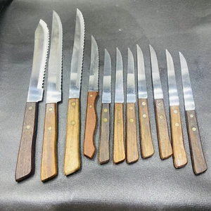 Vtg Japanese Knives 11pc Mix Knife Set Wood Handle Stainless Steel Rustic Cabin - Picture 1 of 13