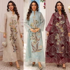 Abito lungo donna musulmano ricamo Abaya Dubai caftano modesto abito islamico ballo - Foto 1 di 27