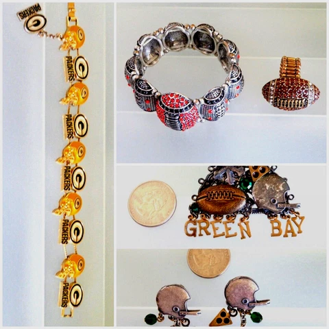 Lot 5 Green Bay Packers Handcrafted Earrings Pin Stretch Bracelet Ring Jewelry Cover