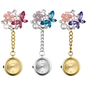 Women's Clip-on Hanging Rhinestone Butterfly Flower Brooch Fob Nurse Watch Gift - Picture 1 of 17
