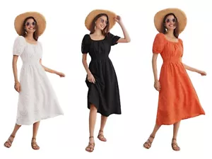 Women's Lace Dress Short Puff Sleeve Boho Cocktail Summer Dress with Square Neck - Picture 1 of 17