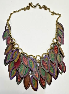 Collana Vintage Con Catena In Smalto Verde E Viola A Foglia D'Autunno - Foto 1 di 7