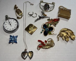 MIXED VINTAGE JEWELRY LOT OF 14 -Rings, Gruen, Weiss, Sterling, Brooches, Mesh - Picture 1 of 22