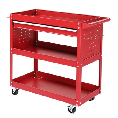 3-Tier Rolling Tool Cart, Metal Heavy Duty Utility Cart on Wheels Red for Garage