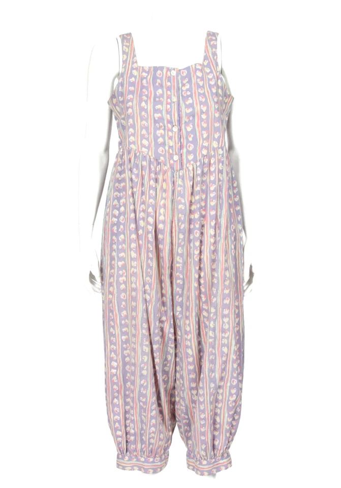 Vitnage 80 年代 LAURA ASHLEY 紫色抽象花卉纽扣前连身裤 尺寸 M /942 — 第 1/4 张图片