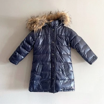 Appaman Girls Metallic Navy Blue with Faux Fur Hood Puffer Coat, Girls Size 3T - Image 1 of 4