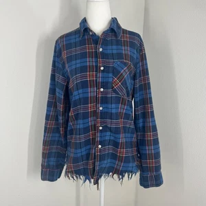 NSF Womens Blue Plaid Flannel Shirt Size Small Raw Hem Fringe USA - Picture 1 of 12