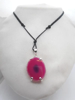 Ciondolo in Argento 925 con Agata Rosa e girocollo - Pietra Dura Fucsia - Fuxia - Immagine 1 di 4