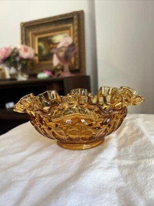 Fenton Glass Amber THUMBPRINT 8" Ruffled Crimped Centerpiece Bowl - Picture 1 of 16
