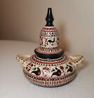 vintage handmade painted southwest terra-cotta pottery lidded jar pot w/ handle 
