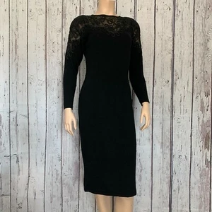 Nancy Johnson Knits Sz S Vintage Wool Sweater Dress Lace Black Padded Shoulders - Picture 1 of 9