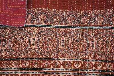 Indian red ajrak hand block kantha quilt cotton blanket bedspread Queen size - Image 1 of 3