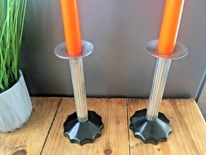 PAIR OF UNUSUAL ART DECO PLATED CORINTHIAN COLUMN CANDLESTICKS CANDLE HOLDERS - Picture 1 of 12