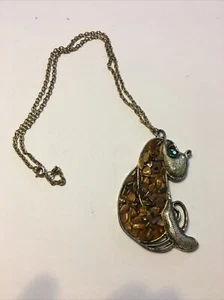 Vintage Dog Necklace 3” Pendant Tiger’s Eye Stone Inlay Metal 12” Long Chain - Picture 1 of 4