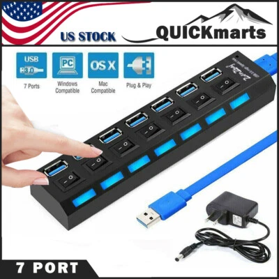 7 Port USB 3.0 Hub Splitter Adapter High Speed For PC Laptop Mac Desktop On/Off - Image 1 of 4