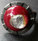 Vintage Modernist Rot Klar Emaille Stahl Silber Ton verstellbarer Ring -73
