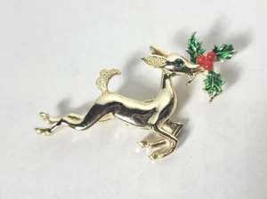 Vintage Rentier Brosche goldfarben grün Strass Auge und Stechpalme Beeren  - Bild 1 von 5