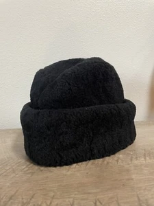Vintage Olaf Size M Dyed Mouton Fur Lamb Hat Black Ear Flaps WARM USA Made - Picture 1 of 5