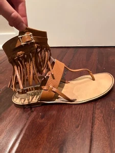 Valentino Fringe C-Rockee Sandals 38.5 Leather Strap Thong Western - Picture 1 of 3
