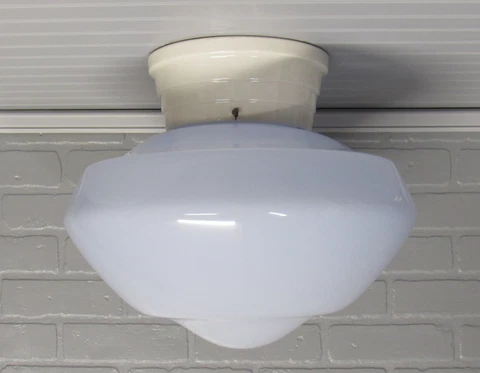 Vintage 1930's Huge Porcelain Fixture Rare Blue School House Glass Shade 14" Lon Cover