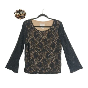 Victor Costa L Black Floral Lace Blouse Sheer Sleeves Party Top Made in USA🖤 - Picture 1 of 7