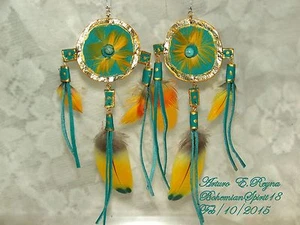 Arturo E.Reyna TRIBAL LEATHER GOLD/TURQUOISE EXOTIC FEATHERS REVERSIBLE EARRINGS - Picture 1 of 7