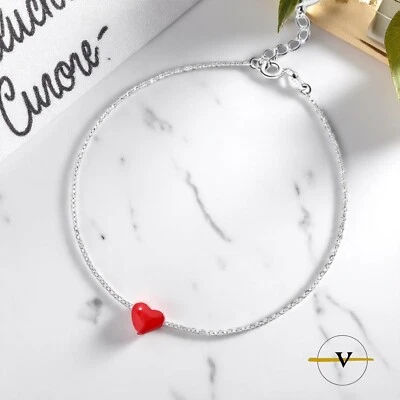 BRACCIALE DONNA ARGENTO 925 RODIATO CON CUORE SMALTATO ROSSO RAGAZZA AMORE - Immagine 1 di 4