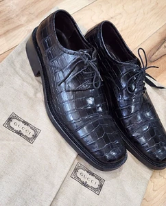 MINT$6700 GUCCI Crocodile Lace Up Oxford-Men's 9.5/10US-M to Wide-BLACK-Cap Toe - Picture 1 of 20