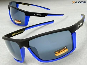 Men's Sporty Biker Fishing Cycling Wrap SUN GLASSES Black & Blue Frame Dark Lens - Picture 1 of 7