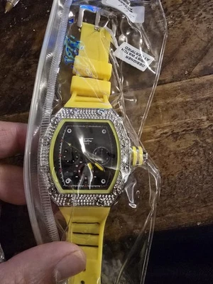 Men's Techno Pave  Bling  Yellow Rubber Band Watch No 9851 Water Resistant  - Image 1 of 4