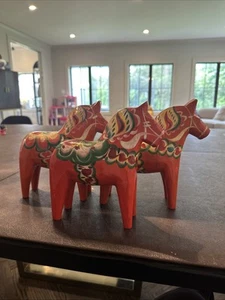 3 VTG Swedish Dala Nils Olsson Orange Wooden Horses 8" READ Glossy Folk Art Wood - Picture 1 of 10