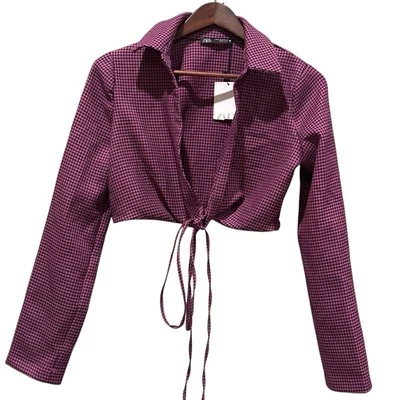 Zara Women’s Houndstooth Deep V-neck Long Sleeve Collared Crop Top  Size M - Image 1 of 4