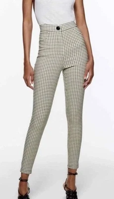 NUEVO Pantalones Zara Cuadros/A Cuadros Talla XS Pierna Ajustada Tiro Alto Negro Beige Elastizados Foto 1 de 4