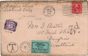 Pegatina de aduanas en 1931 EE. UU. a Escocia T30 centavos franqueo debido 3D atado - Imagen 1 de 1