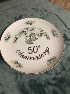 BEST Lefton HP Gilded 50th Wedding Anniversary Display Plate♡Florals♡Doves♡Bells - Picture 1 of 4