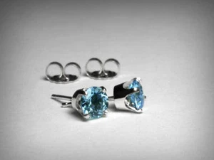 Genuine Blue Topaz Stud Earrings. 5.0mm. 14K White Gold. December Birthstone. - Picture 1 of 5