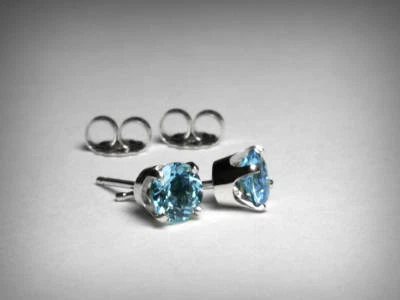 Genuine Blue Topaz Stud Earrings. 5.0mm. 14K White Gold. December Birthstone. - Image 1 of 4
