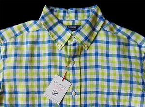 Men's DANIEL CREMIEUX White Green Blue Plaid Linen Shirt M Medium NWT NEW - Picture 1 of 4
