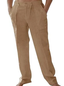 Mens Casual Linen Pants Loose Fit Elastic Drawstring Waist Straight-Legs Pants - Picture 1 of 16