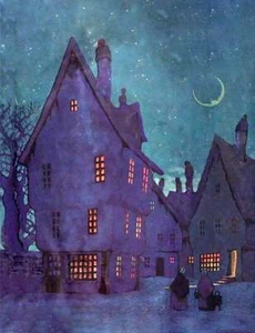 Blue Spooky dark house by Hildegard Woodwood vintage art - Picture 1 of 1
