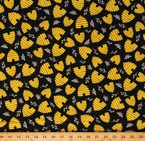 Cotton Bees Beehives Honey Black Cotton Fabric Print by the Yard (D383.39) - Picture 1 of 1