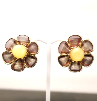 Pendientes Betsey Johnson Spring Ahead púrpura y amarillo lucite flor tono dorado clip Foto 1 de 4