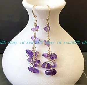 Charming Natural Purple Amethyst Chip Gemstone Beads Earrings Gold Hook Chain - Picture 1 of 12