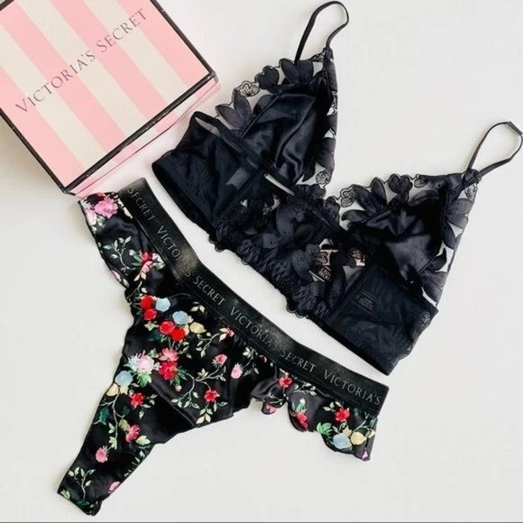 PEQUEÑO Victoria’s Secret Sujetador Floral Negro Conjunto Bralette 100% Seda Tanga Bragas Foto 1 de 4