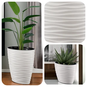 Blumenkübel Weiß 2 Größen Slim Wellenoptik 3D Einsatz Pflanzkübel Oval Modern - Bild 1 von 7