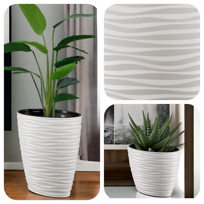 Blumenkübel Weiß 2 Größen Slim Wellenoptik 3D Einsatz Pflanzkübel Oval Modern - Bild 1 von 3