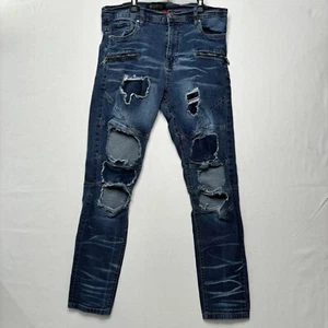 Encrypted Jeans Mens 36x32 Distressed Destroyed Patched Medium Wash - Picture 1 of 16