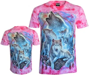 Wolves Cosmic Night Dream Catcher Waterfall Glow in Dark Tie Dye T-Shirt by Wild - Picture 1 of 9