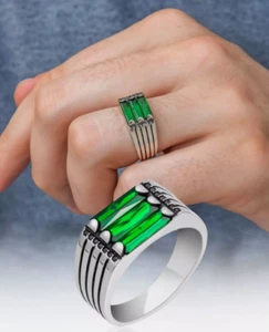 Turkish Handmade Jewelry 925 Sterling Silver Emerald Stone Mens Ring All Size - Picture 1 of 5
