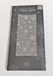 Pk 6 TISSUE PAPER SILVER SHINY SNOWFLAKES on SILVER 50cm x 70cm approx WRAPPING - Picture 1 of 1